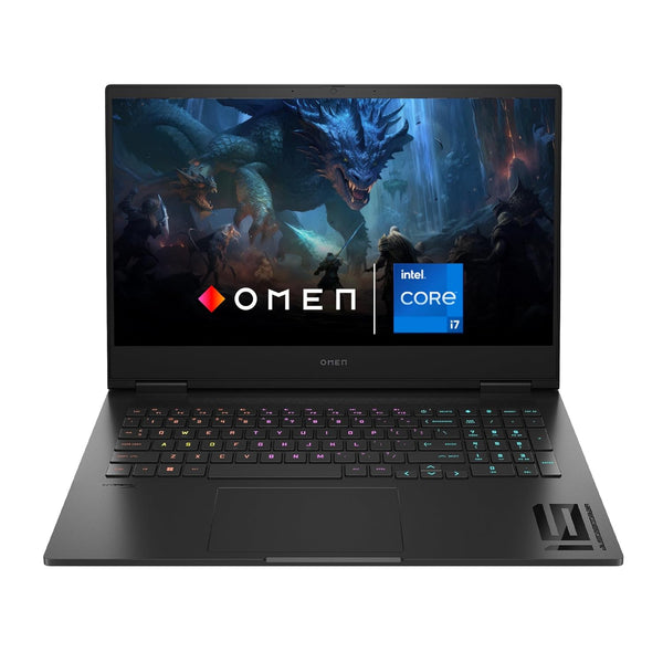 HP Omen 16 gaming laptop with Intel Core i7, RGB keyboard, and high-resolution fantasy game display