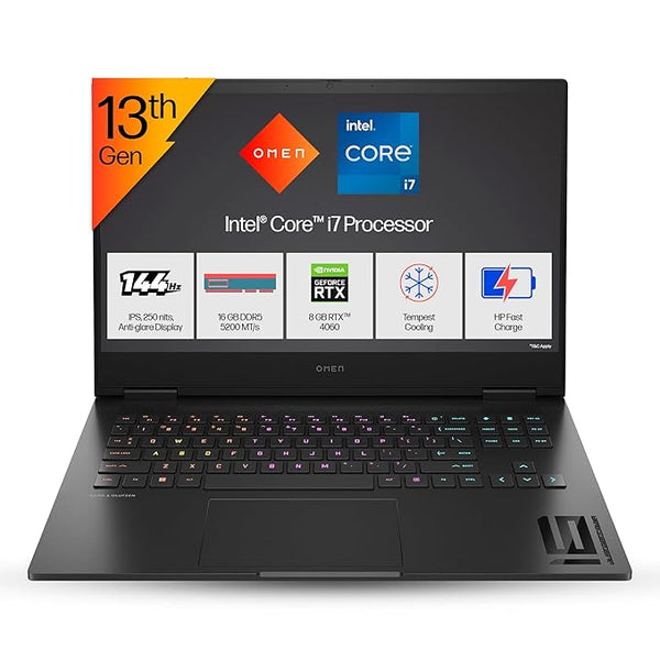 HP Omen 16 gaming laptop with 13th Gen Intel Core i7, 16GB RAM, RTX 4060, and customizable RGB keyboard
