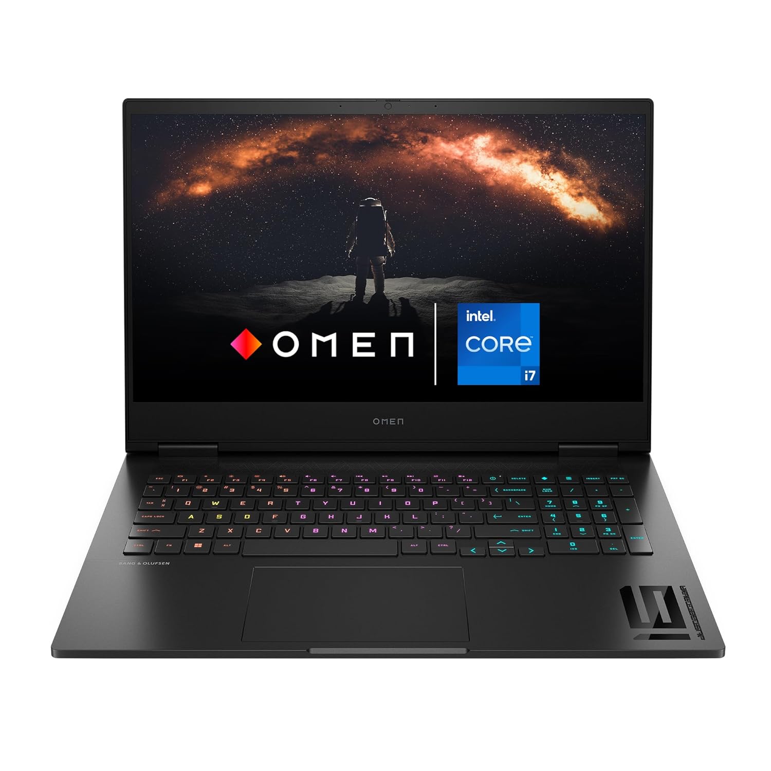 HP Omen 16 gaming laptop with Intel Core i7, RGB keyboard, and space-themed wallpaper on screen