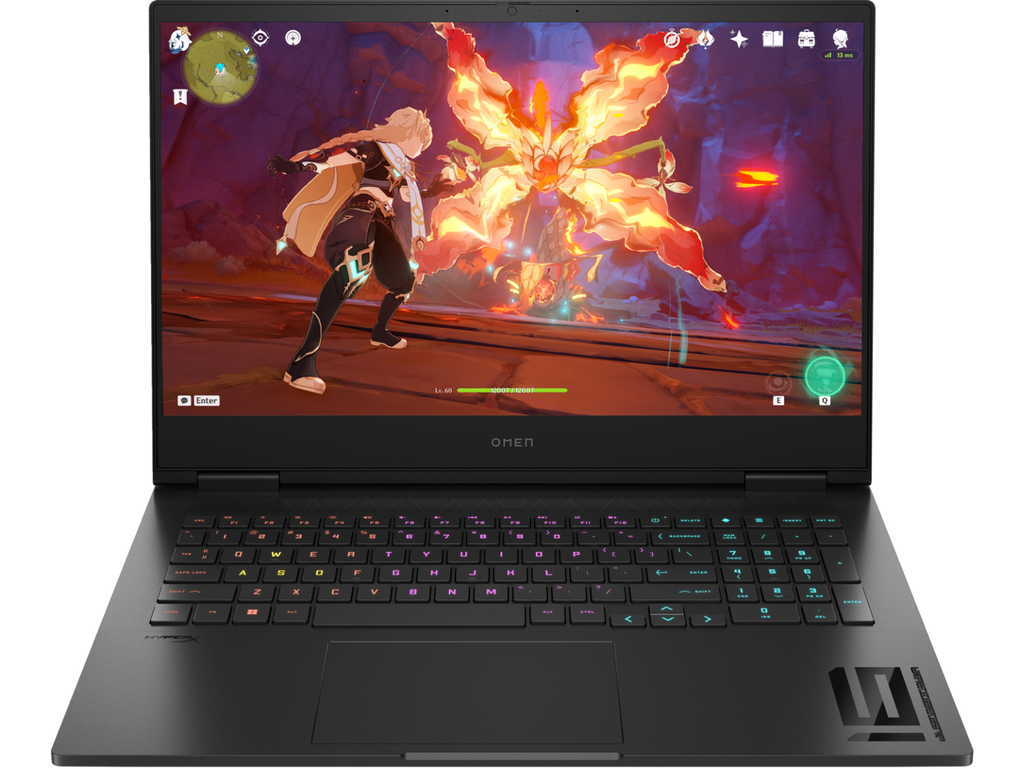 HP Omen 16 gaming laptop showing colorful gameplay with backlit keyboard and sleek design