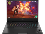 HP Omen 16 gaming laptop showing colorful gameplay with backlit keyboard and sleek design