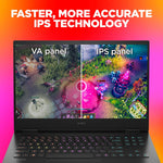 HP Omen 16 gaming laptop showing comparison of VA and IPS display panels with vibrant gaming graphics