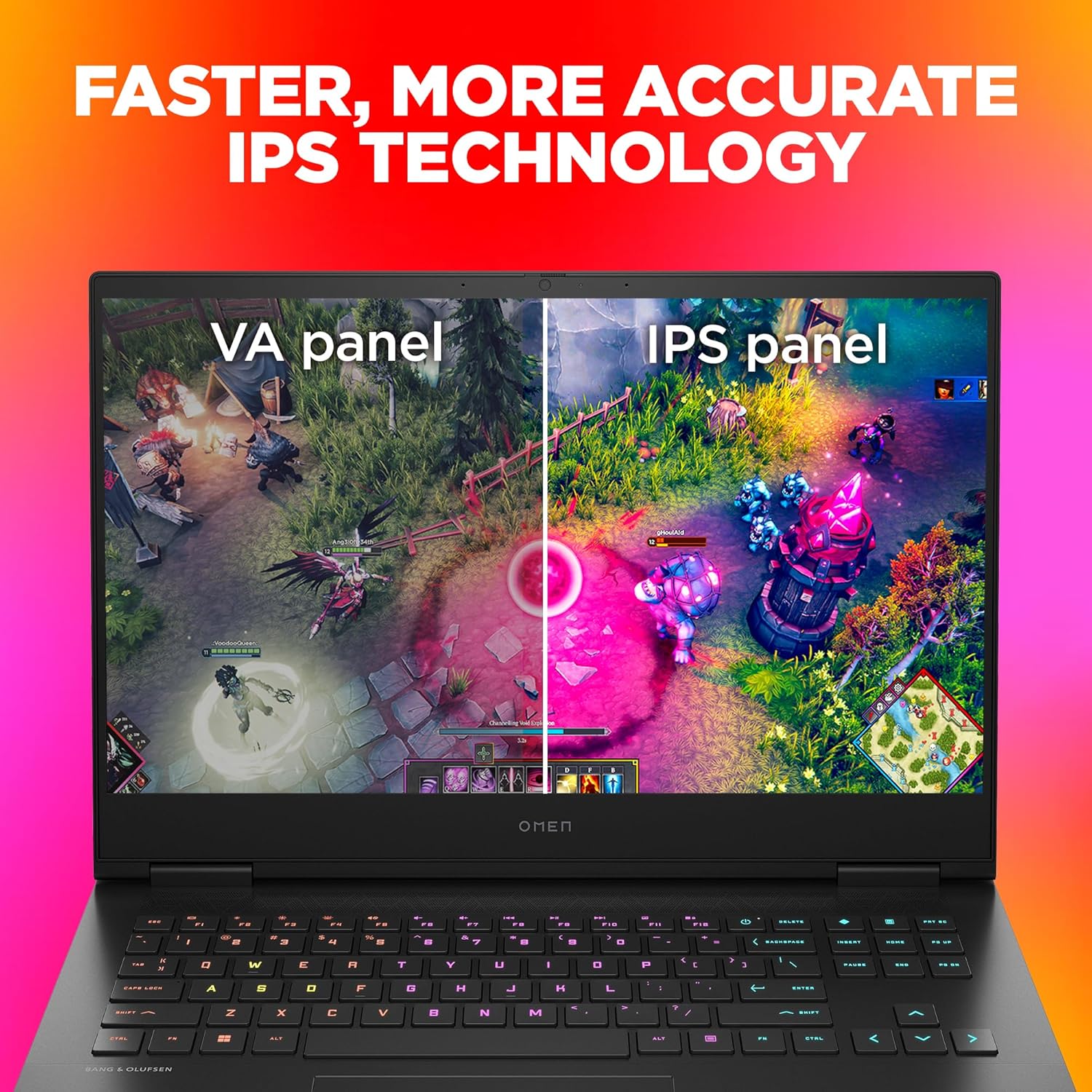 HP Omen 16 gaming laptop showing comparison of VA and IPS display panels with vibrant gaming graphics