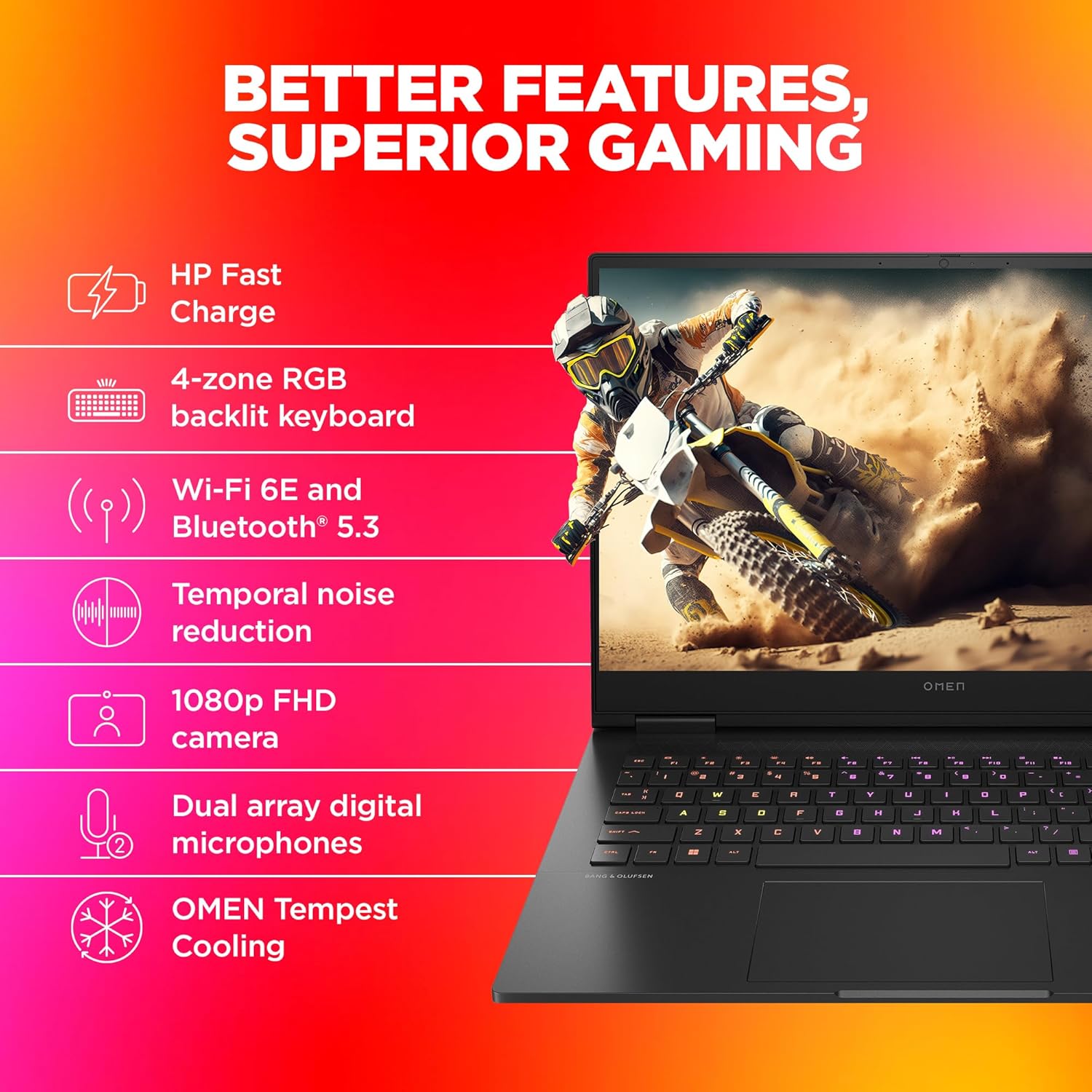 HP Omen 16 gaming laptop with 4-zone RGB keyboard showing motocross racing on screen