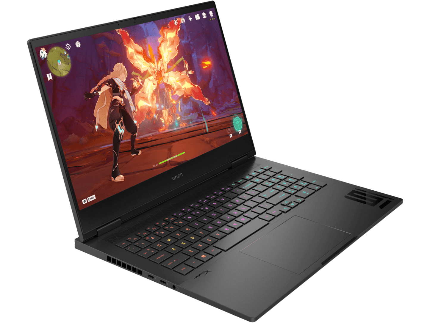 HP Omen 16 gaming laptop with backlit keyboard displaying an action RPG game on screen