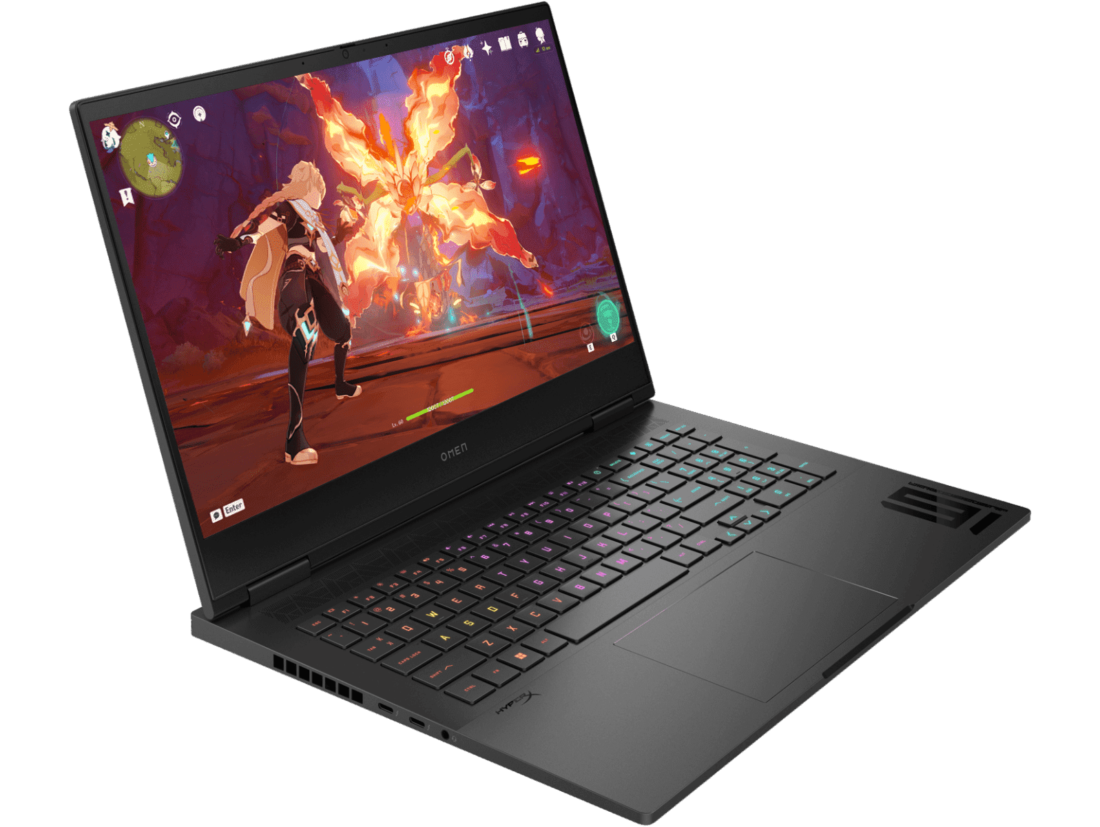 HP Omen 16 gaming laptop with backlit keyboard displaying an action RPG game on screen