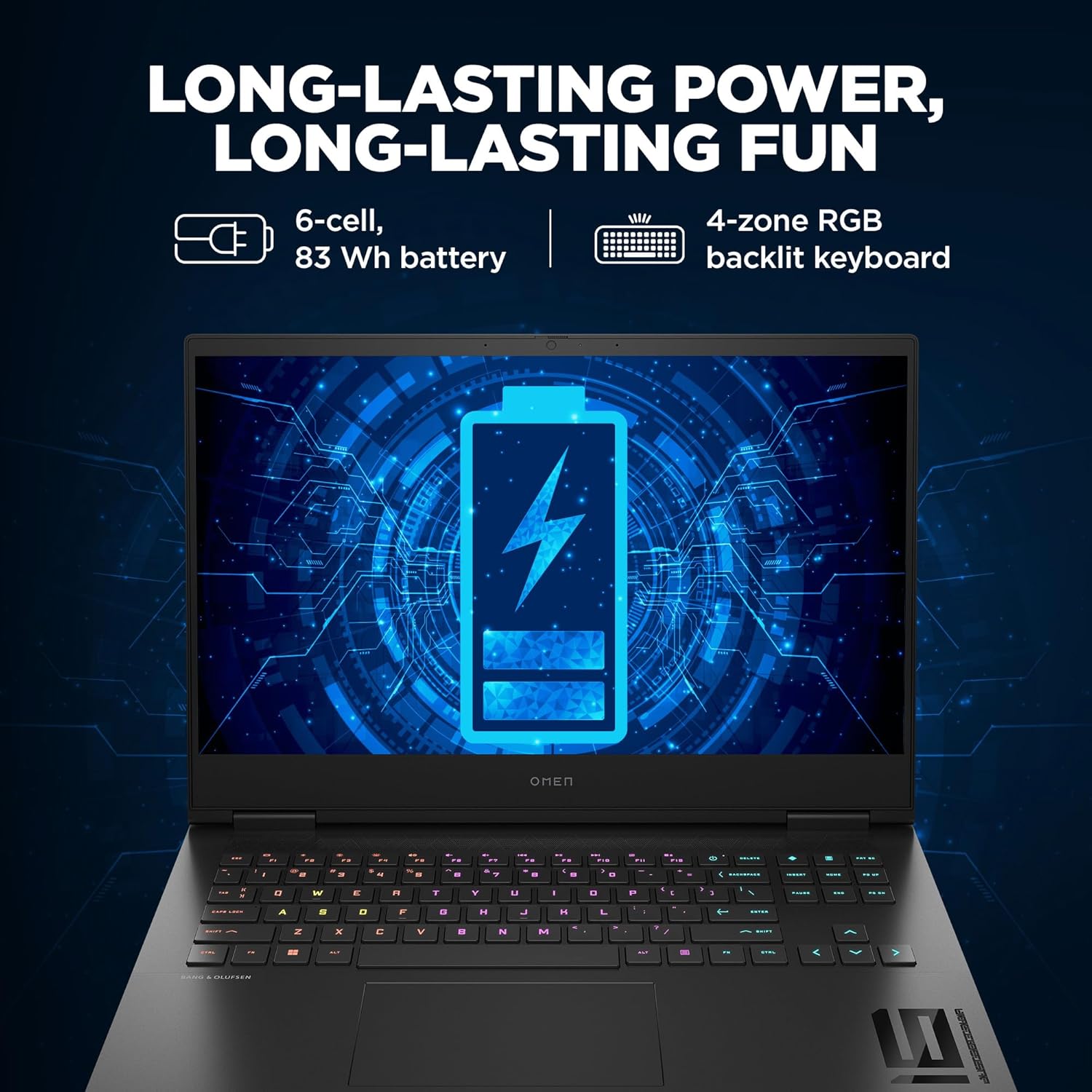 HP Omen 16 gaming laptop with long-lasting 6-cell 83 Wh battery and 4-zone RGB backlit keyboard