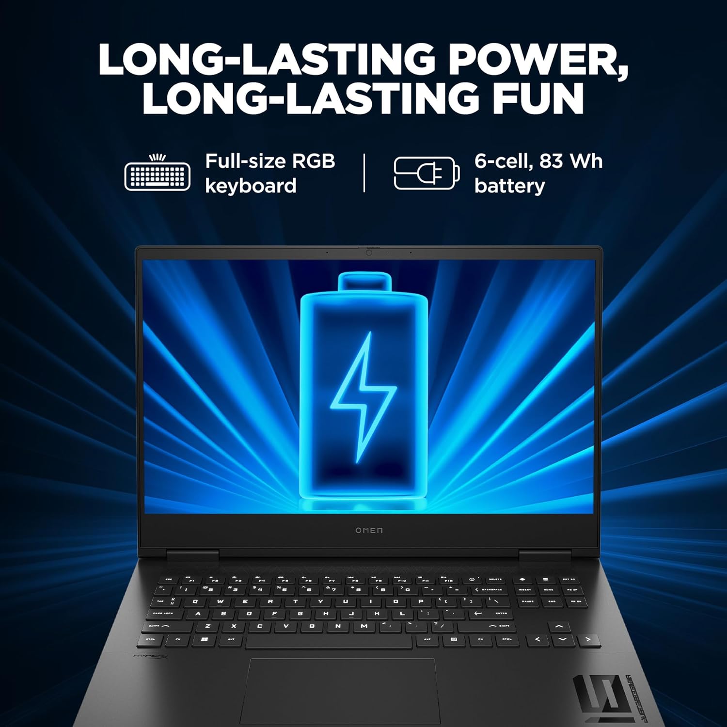 HP Omen 16 gaming laptop with full-size RGB keyboard and long-lasting 6-cell 83 Wh battery