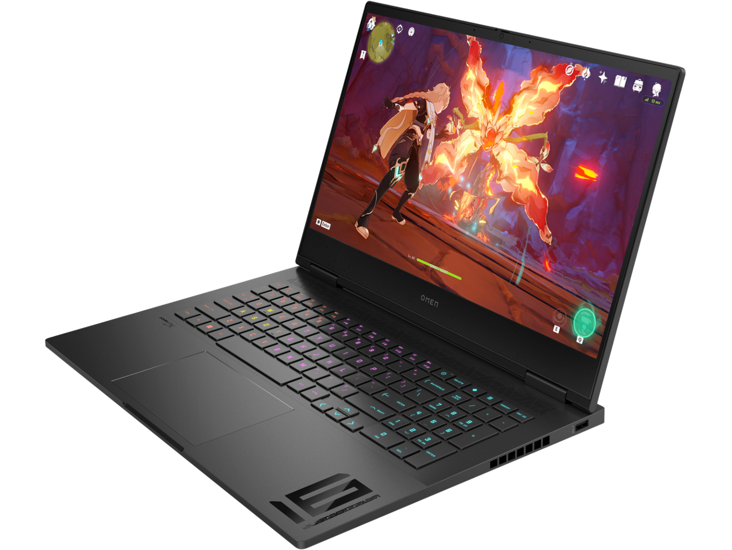 HP Omen 16 gaming laptop with colorful backlit keyboard and action game on display
