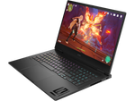 HP Omen 16 gaming laptop with colorful backlit keyboard and action game on display