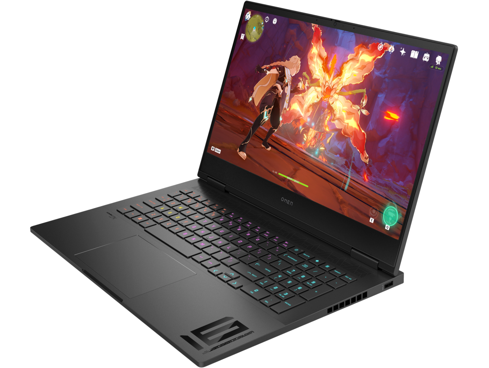 HP Omen 16 gaming laptop with colorful backlit keyboard and action game on display
