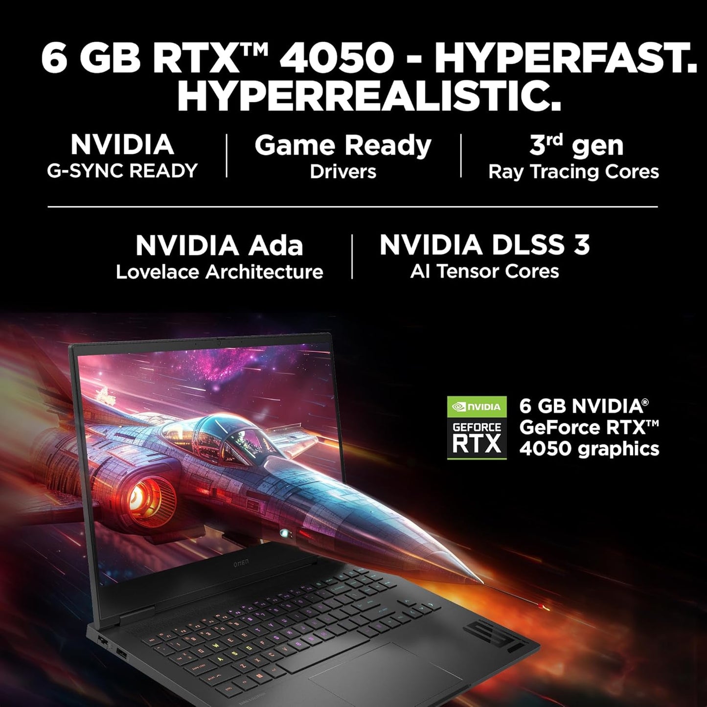 HP Omen 16 Gaming Laptop with 6 GB RTX 4050 graphics showing vibrant spaceship on screen
