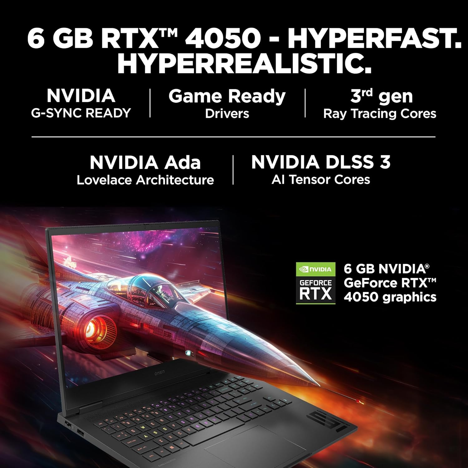 HP Omen 16 Gaming Laptop with 6 GB RTX 4050 graphics showing vibrant spaceship on screen
