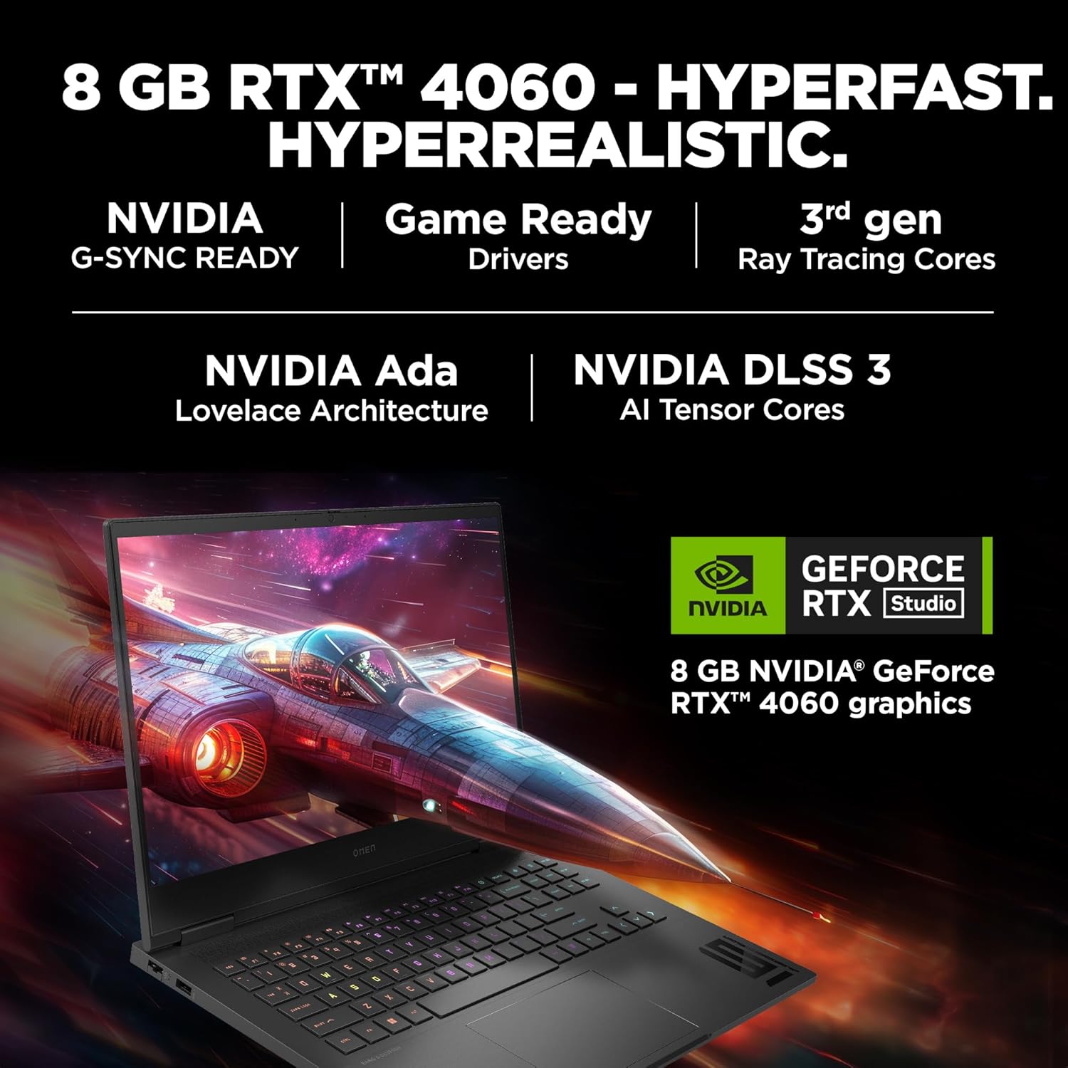 HP Omen 16 gaming laptop with 8 GB RTX 4060 graphics, NVIDIA Ada Lovelace, and DLSS 3 AI Tensor Cores