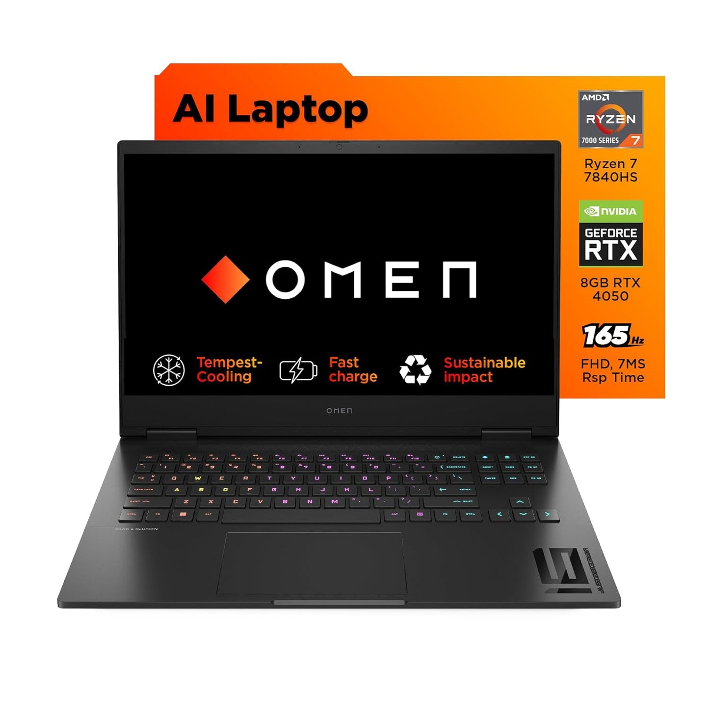 HP Omen 16 Gaming Laptop with Ryzen 7 7840HS, NVIDIA GeForce RTX 4050, and RGB backlit keyboard