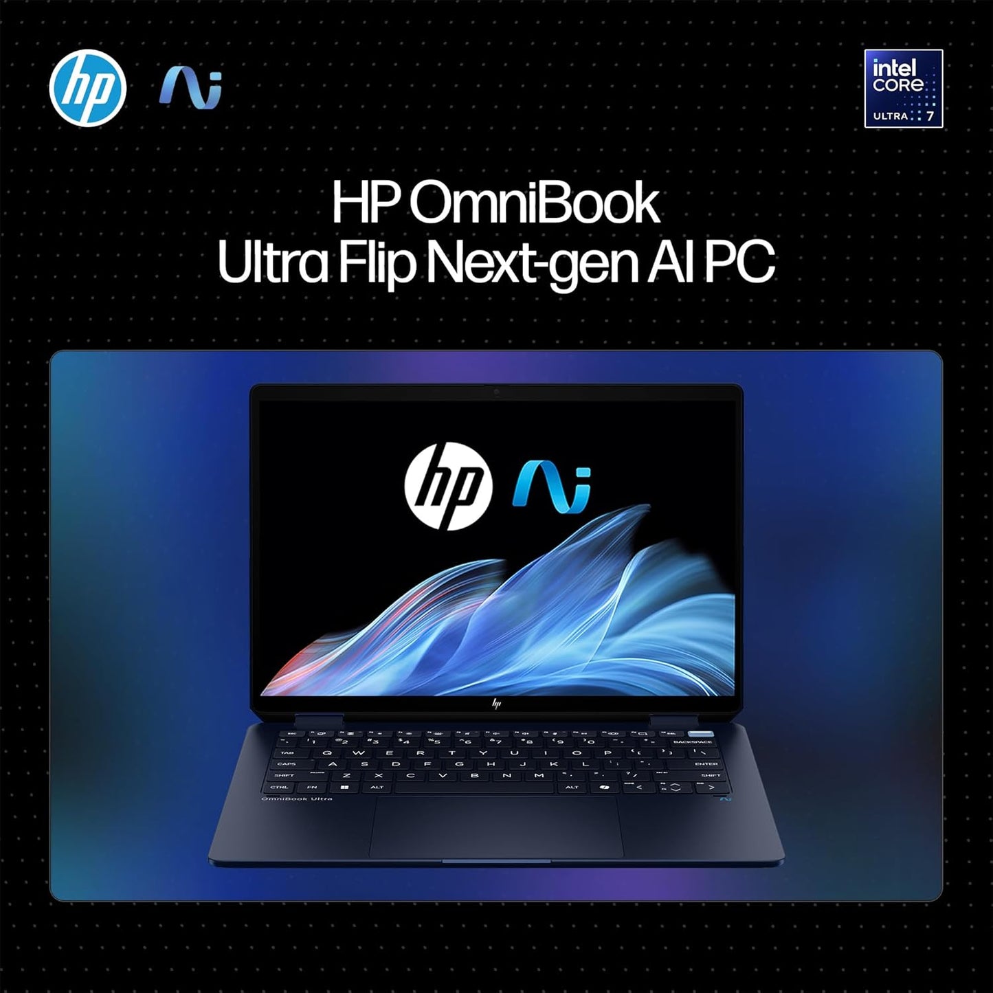 HP Omnibook Ultra Flip 14-fh0046TU laptop open showing keyboard and screen with HP and Intel logos