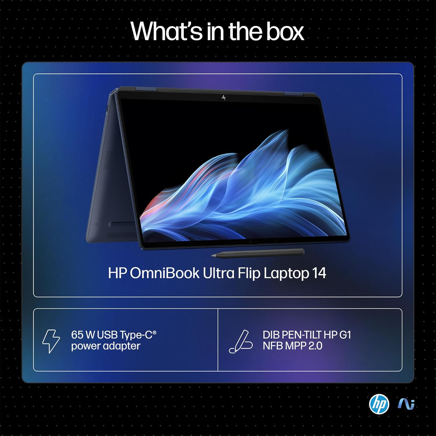 HP Omnibook Ultra Flip 14-fh0046TU laptop in tent mode with included 65W USB Type-C power adapter and DIB Pen-Tilt HP G1 stylus