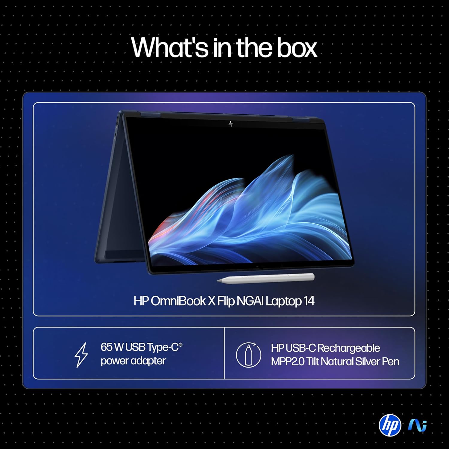 HP Omnibook X Flip 14 laptop in tablet mode with stylus and USB Type-C charger displayed