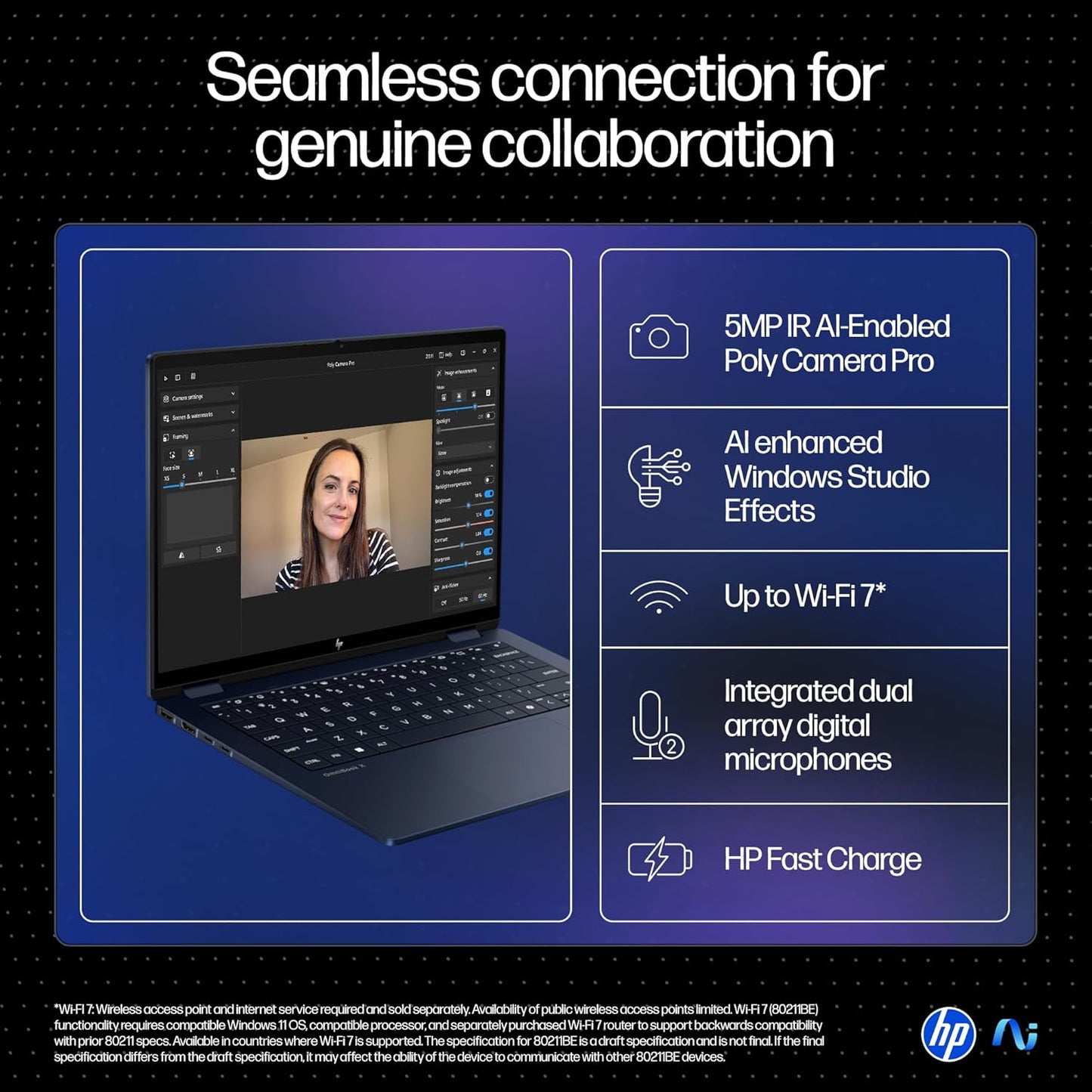 HP Omnibook X Flip 14 laptop showing video call interface and key features like 5MP AI camera and Wi-Fi 7 connectivity