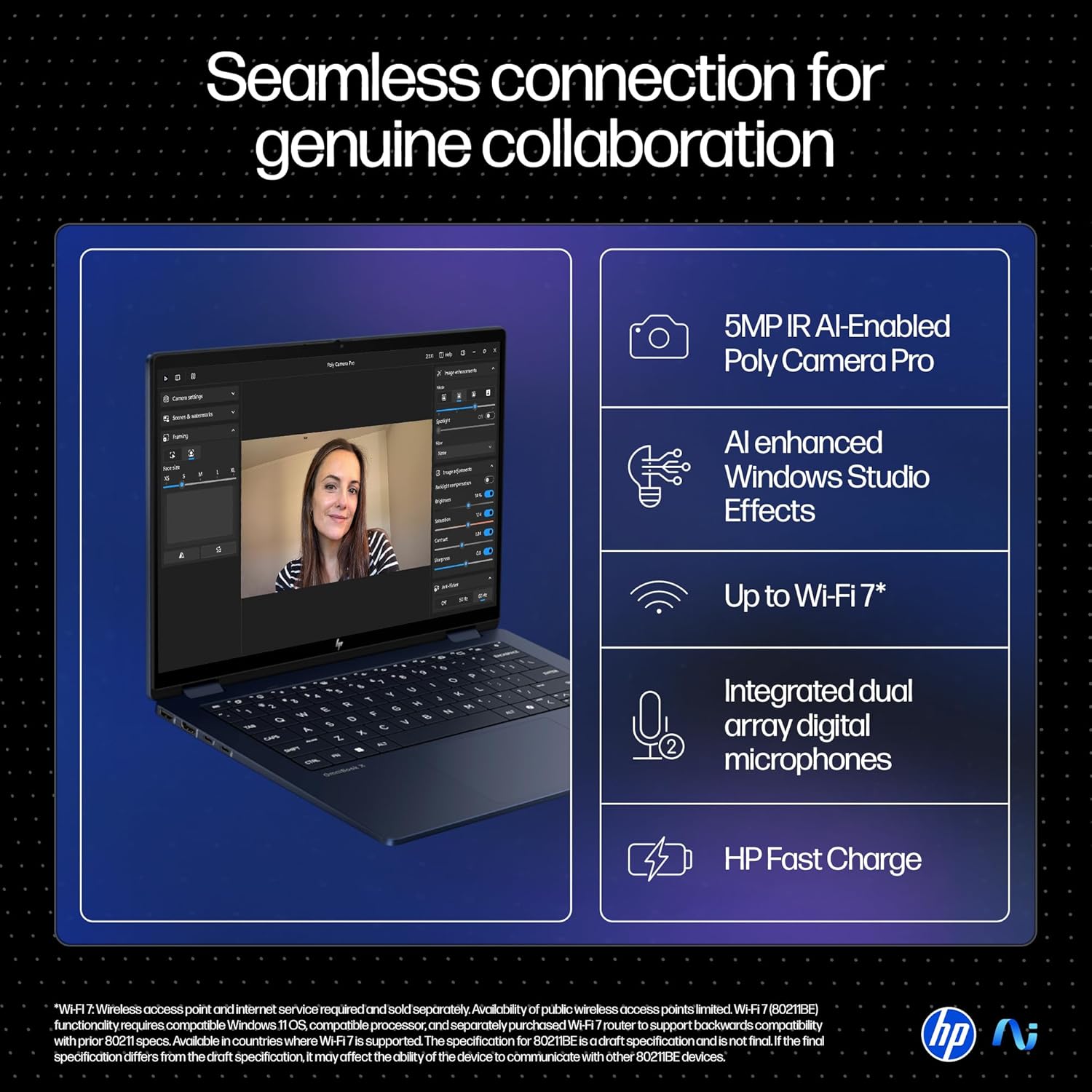 HP Omnibook X Flip 14 laptop showing video call interface and key features like 5MP AI camera and Wi-Fi 7 connectivity