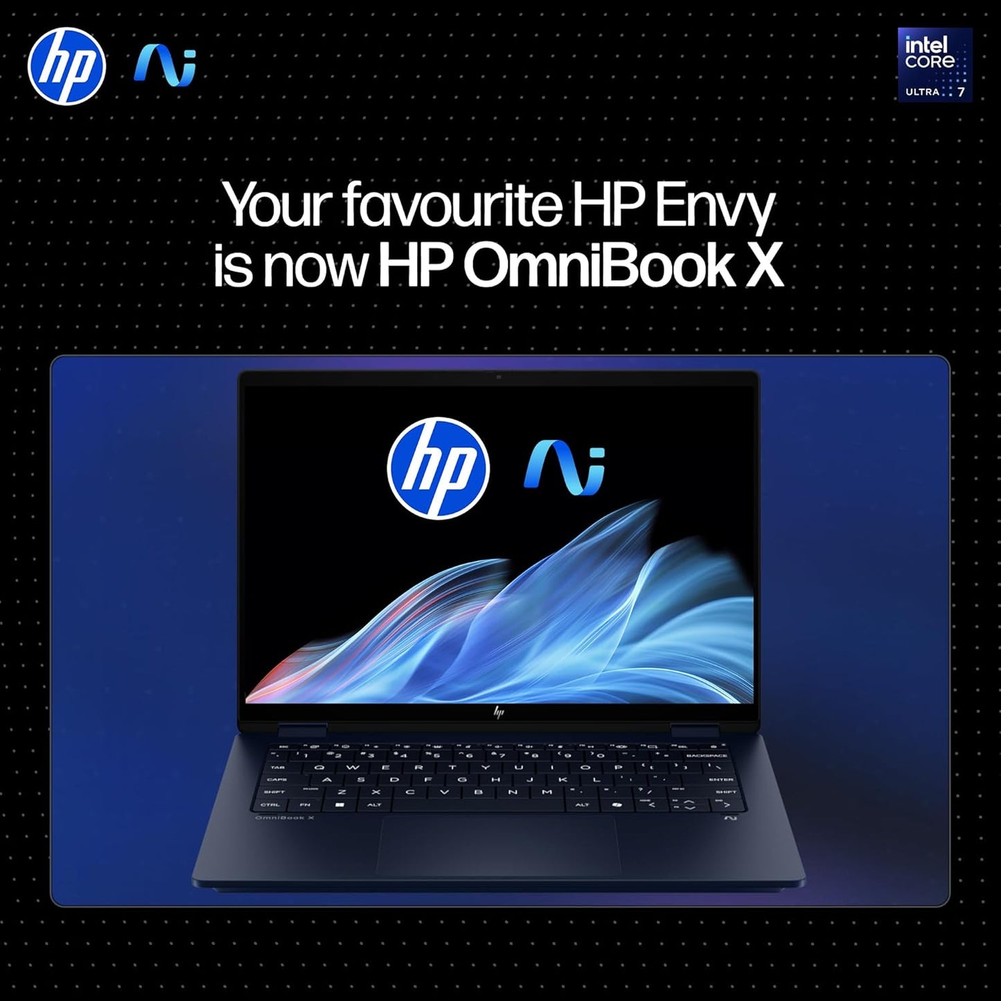 HP Omnibook X Flip 14 laptop with sleek design and vibrant display featuring HP and Intel Core branding