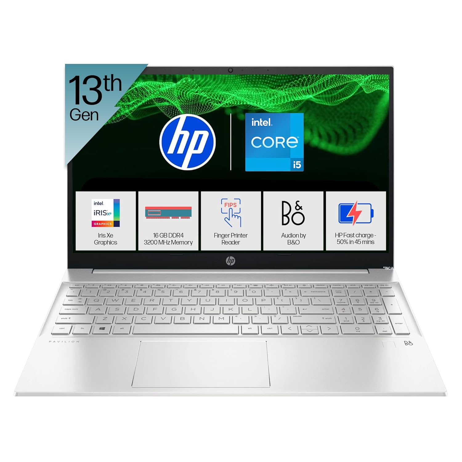 HP Pavilion 15 i5 laptop with 13th Gen Intel Core processor and silver keyboard design