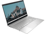 HP Pavilion 15 i5 laptop with silver keyboard and thin bezel display showing mountain scenery