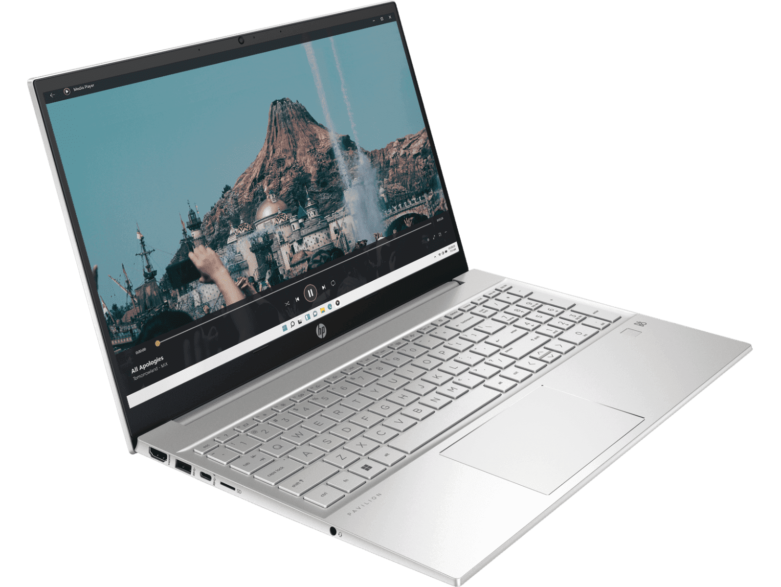 HP Pavilion 15 i5 laptop with silver keyboard and thin bezel display showing mountain scenery