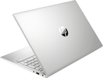 Silver HP Pavilion 15 i5 laptop partially open showing keyboard and HP logo on lid