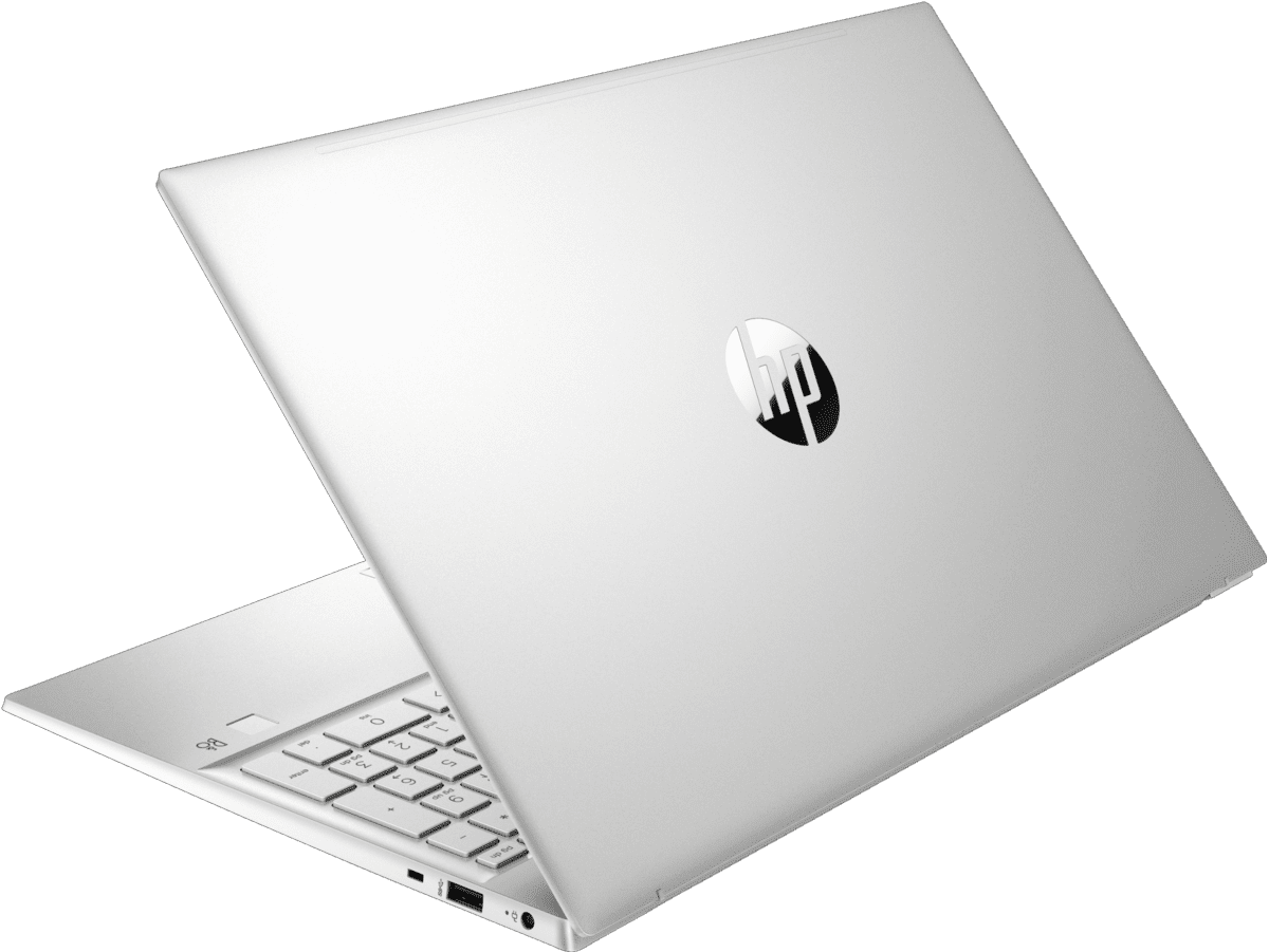 Silver HP Pavilion 15 i5 laptop partially open showing keyboard and HP logo on lid
