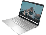 Silver HP Pavilion 15 i5 laptop open showing keyboard and scenic mountain display on screen