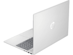 Sleek silver HP Pavilion 16 laptop partially open showing keyboard and HP logo on lid