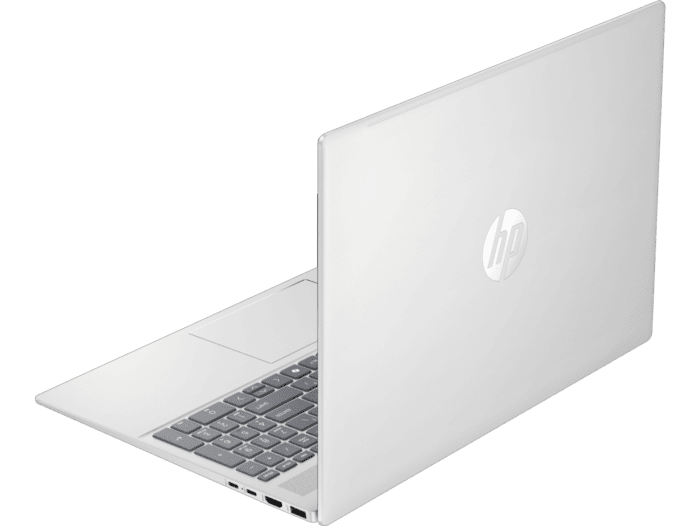 Sleek silver HP Pavilion 16 laptop partially open showing keyboard and HP logo on lid