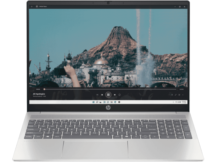 HP Pavilion 16 laptop with silver body showing a video playback on screen and full keyboard