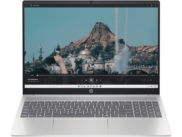 HP Pavilion 16 laptop with silver body showing a video playback on screen and full keyboard