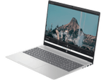 Silver HP Pavilion 16 laptop with large display showing a scenic mountain and architectural image