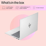 Sleek silver HP Pavilion Aero Ryzen 5 laptop shown partially open with visible keyboard and logo