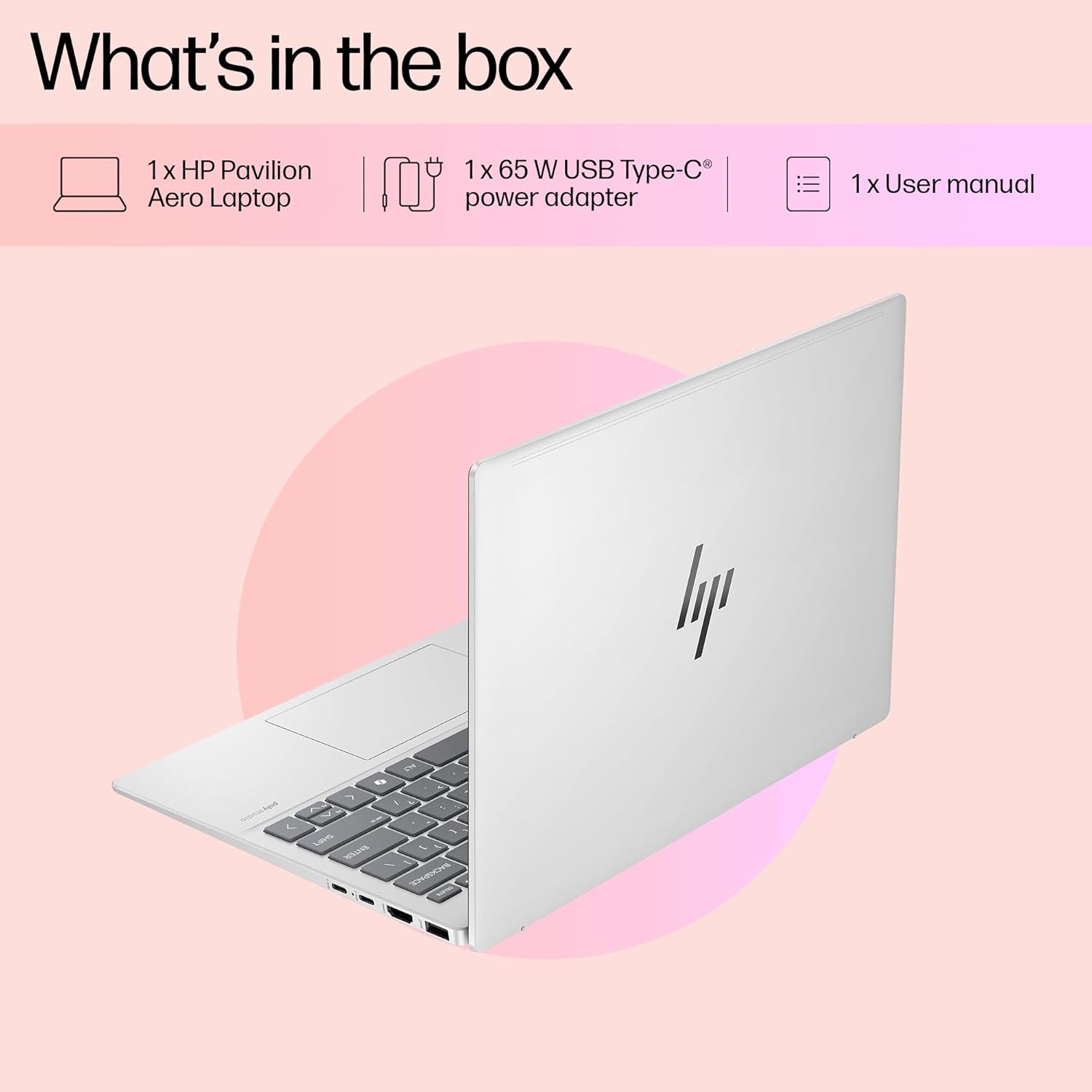 Sleek silver HP Pavilion Aero Ryzen 5 laptop shown partially open with visible keyboard and logo