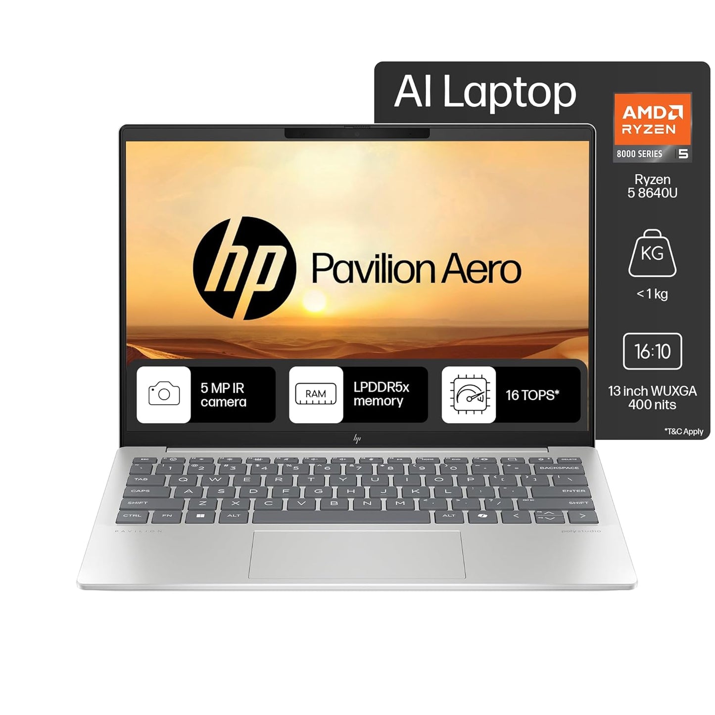 HP Pavilion Aero Ryzen 5 laptop with 13 inch display, 5 MP IR camera, and lightweight design