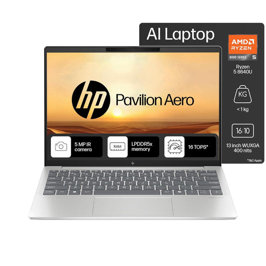 HP Pavilion Aero Ryzen 5 laptop with 13 inch display, 5 MP IR camera, and lightweight design