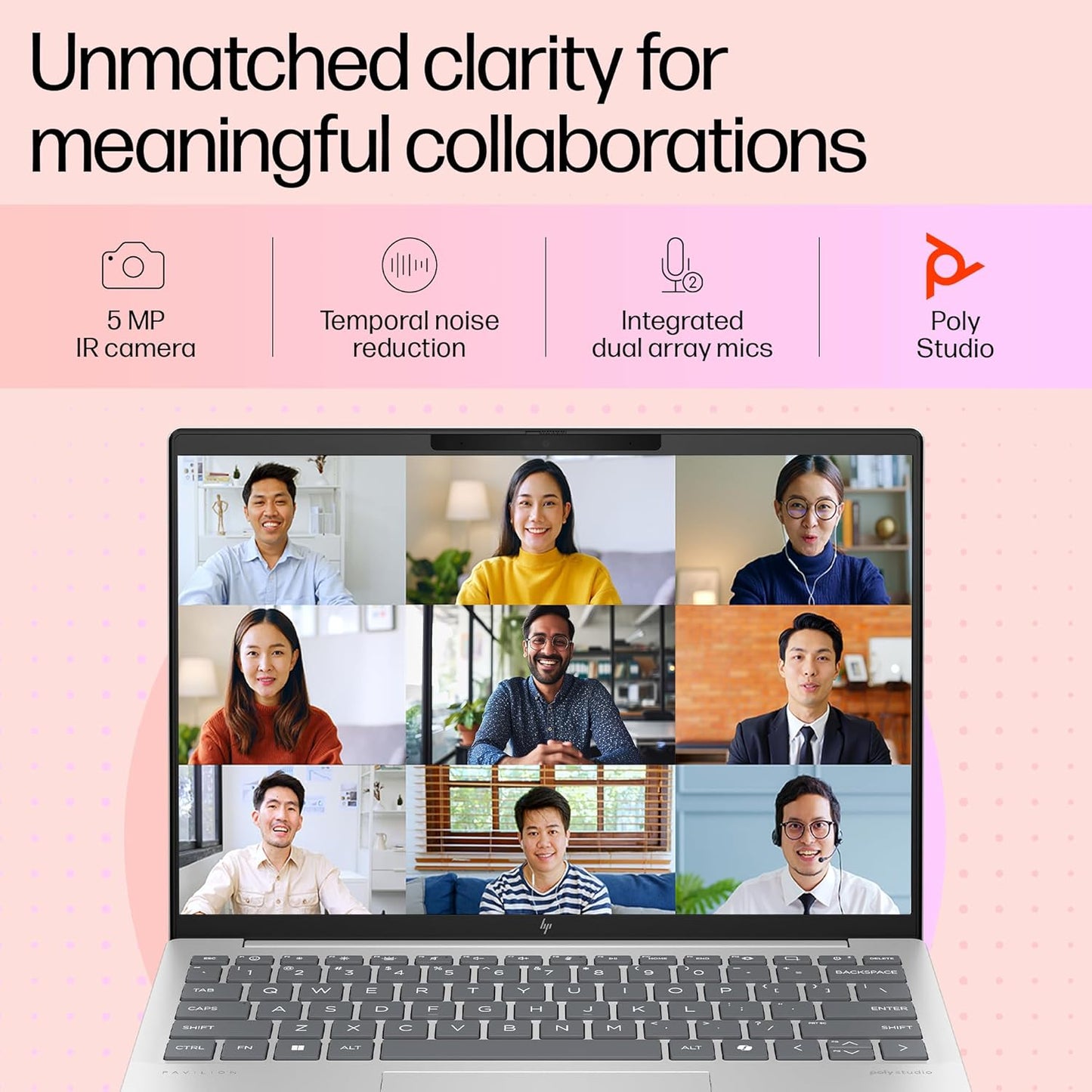 HP Pavilion Aero Ryzen 5 laptop showing video call with nine participants and features like 5MP IR camera and noise reduction