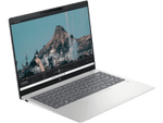 HP Pavilion Plus14 laptop i5-1335U in silver with a mountain scenic wallpaper on screen and full keyboard