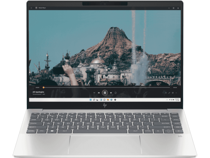 HP Pavilion Plus14 laptop i5-1335U with silver body showing a video playback on screen