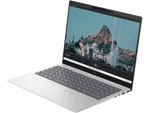 HP Pavilion Plus14 laptop i5-1335U with sleek silver design and vibrant display showing mountain scenery