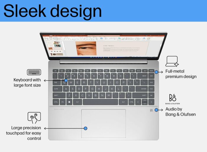 HP Pavilion Plus14 laptop i5-1335U with sleek full-metal design, large keyboard, precision touchpad, and Bang & Olufsen audio
