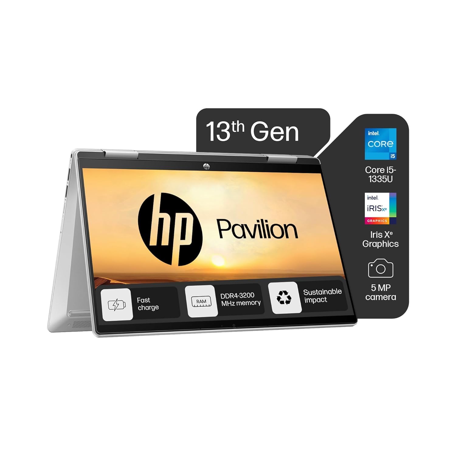 HP Pavilion x360 14 i5 13th Gen laptop in tent mode showing Intel Core i5 and features