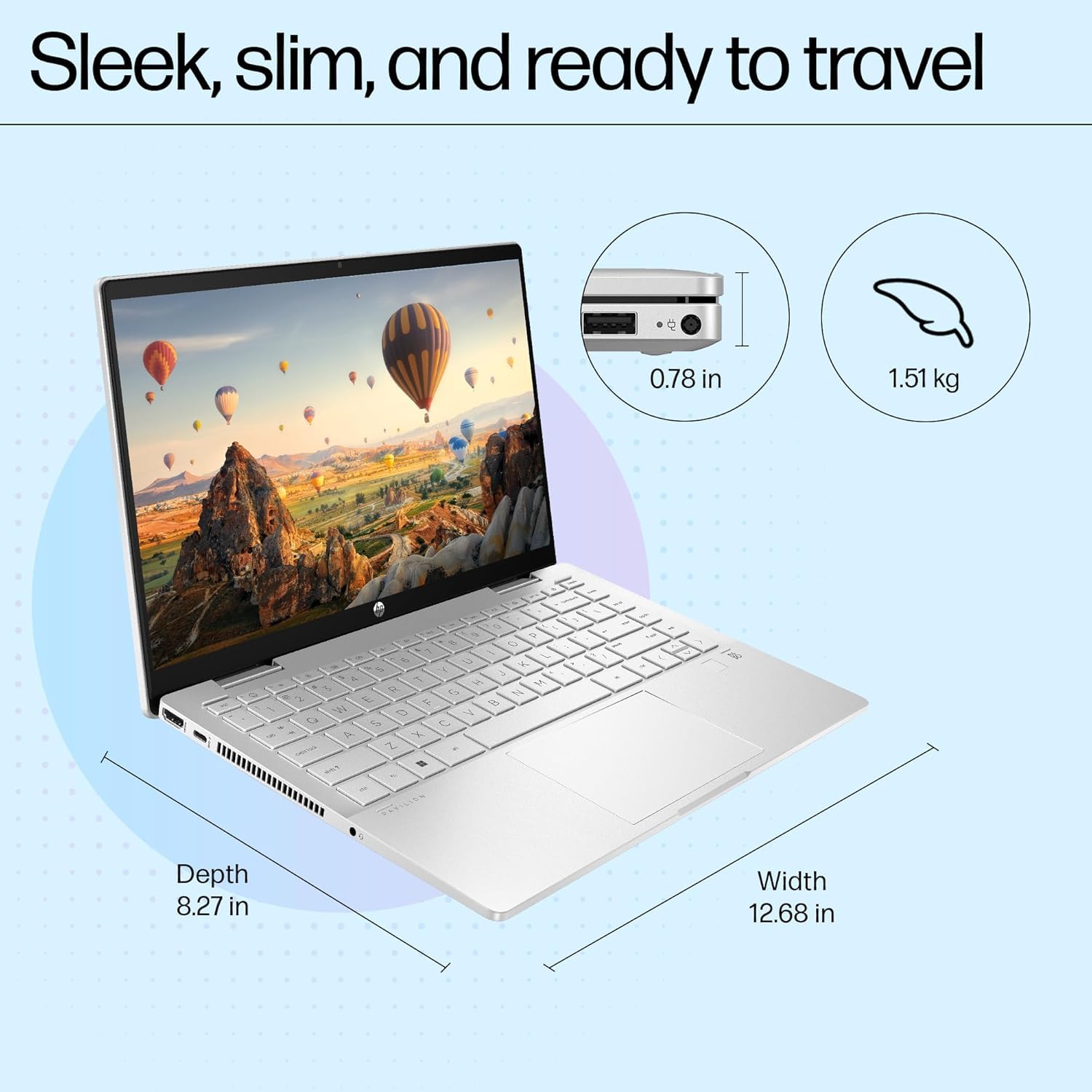 Sleek silver HP Pavilion x360 14 i5 13th Gen laptop shown open with hot air balloon wallpaper and dimensions
