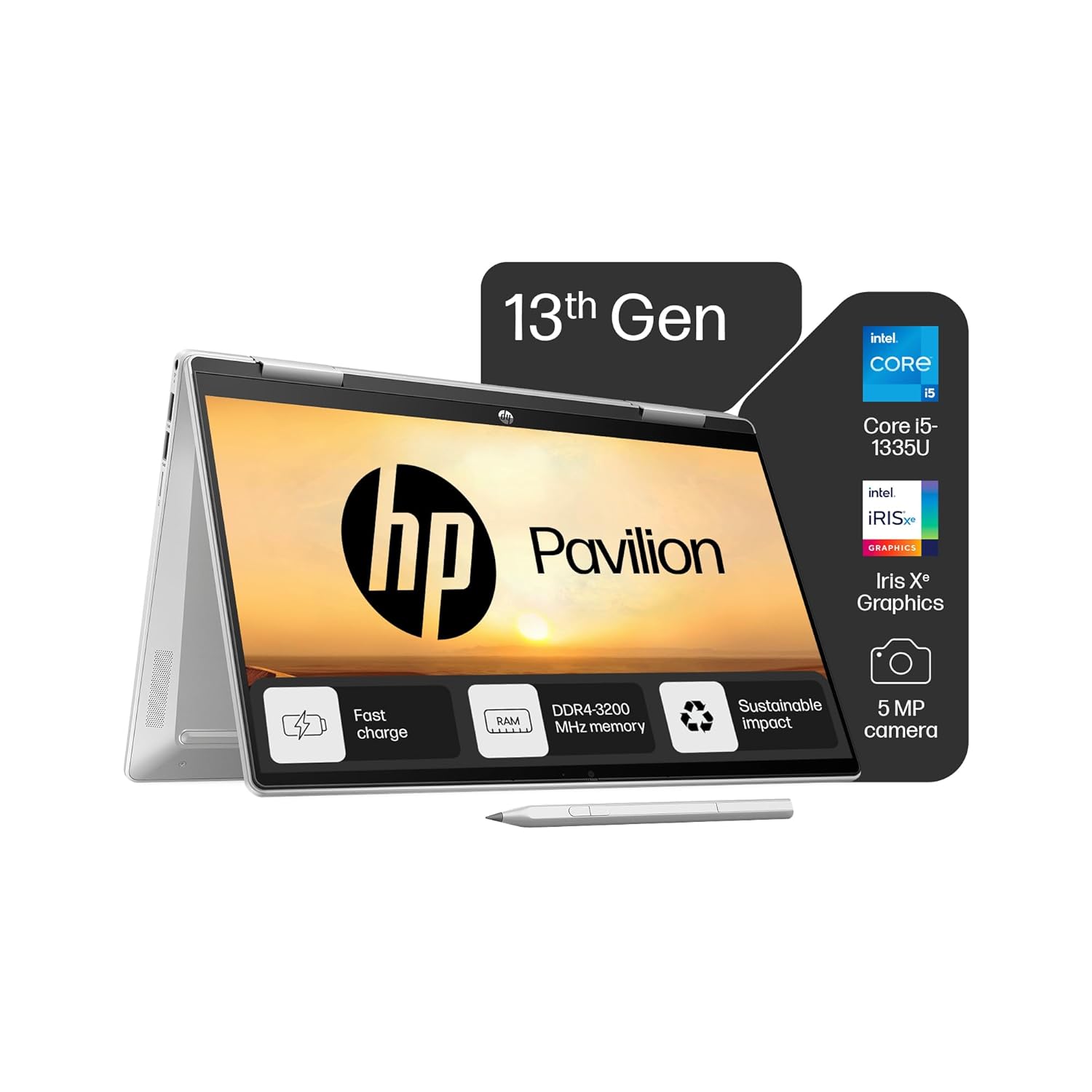 HP Pavilion x360 convertible laptop in tent mode with 13th Gen Intel Core i5 processor and stylus