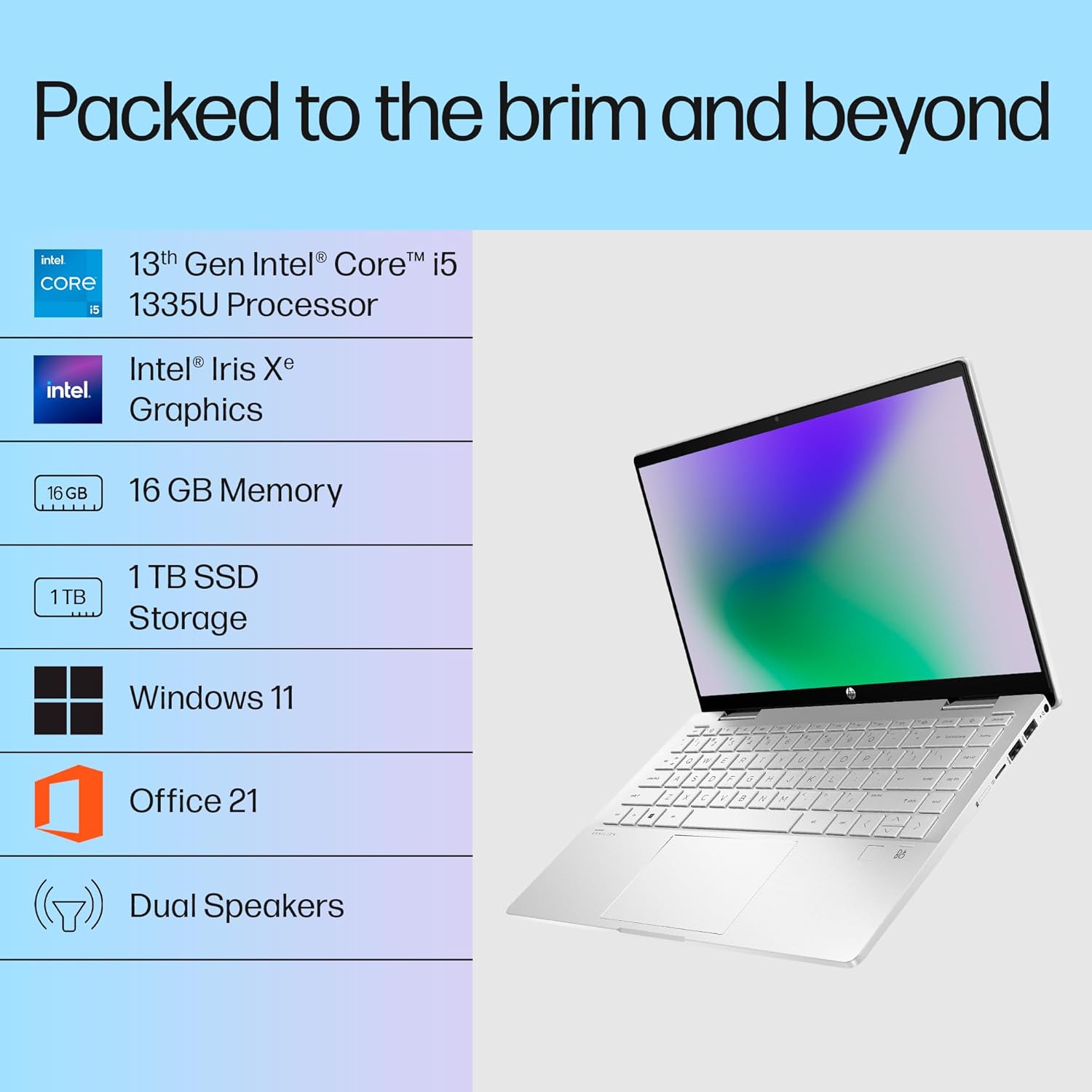HP Pavilion x360 convertible laptop with 13th Gen Intel Core i5, Intel Iris Xe graphics, 16GB memory, and 1TB SSD