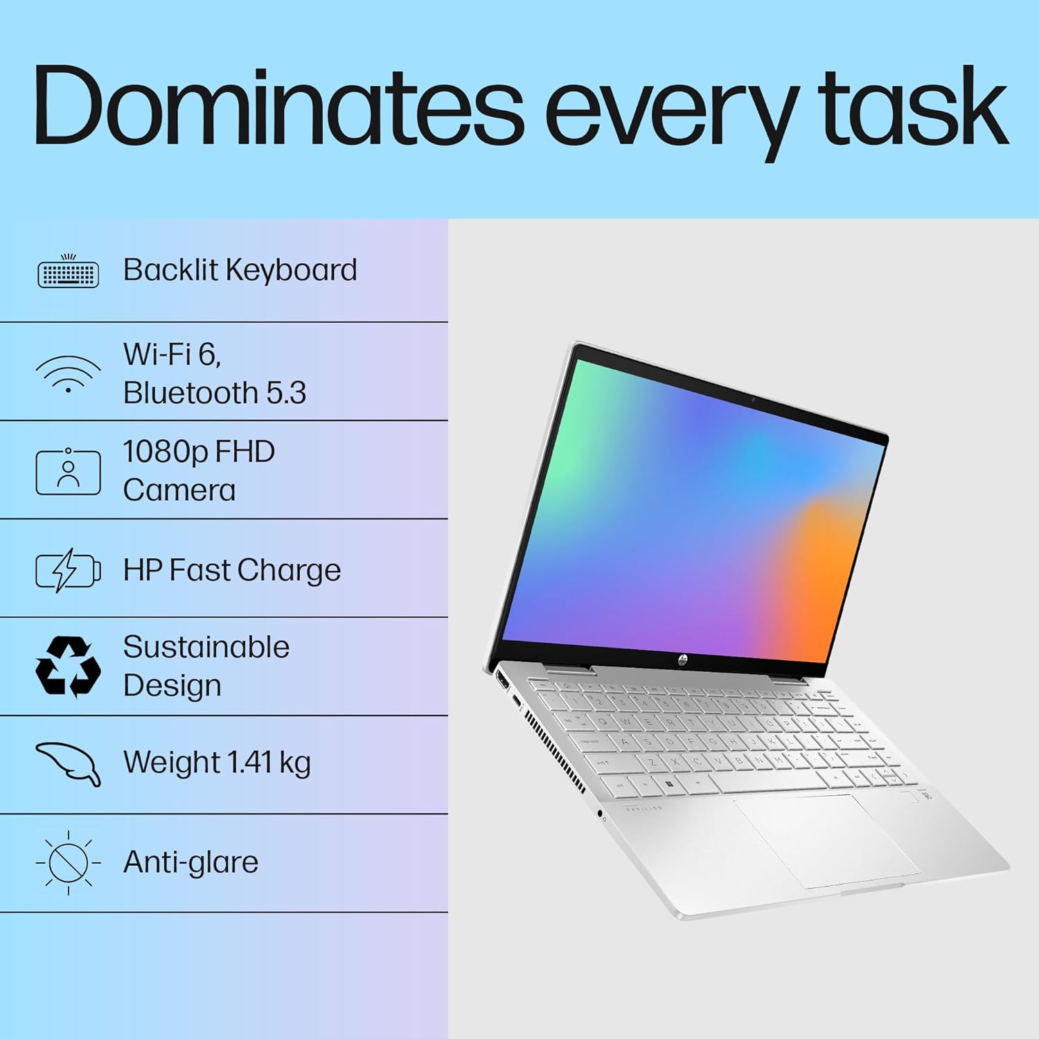 HP Pavilion x360 convertible laptop with backlit keyboard and 1080p FHD camera showing sleek silver design